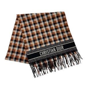 Christian DIOR Muffler Wool Brown White Black Shawl Signature Logo Check